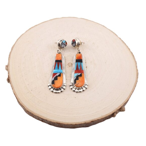 Handcrafted Native American Zuni Sun Face Inlay‎ Spiny Oyster Dangle Earrings ** - Picture 1 of 12
